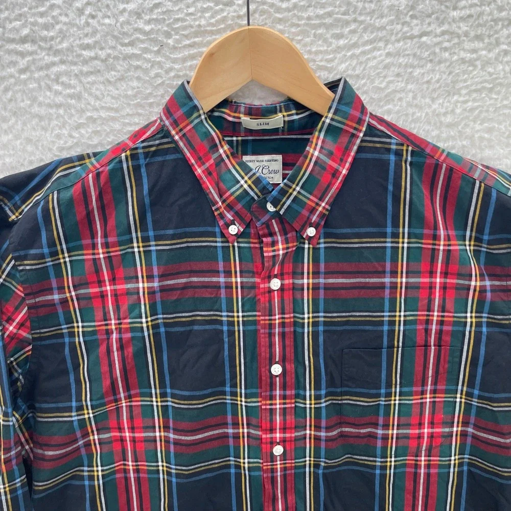 J Crew Shirt Mens XL Blue Red Slim OCBD Pinpoint Oxford Tartan Preppy Luxury